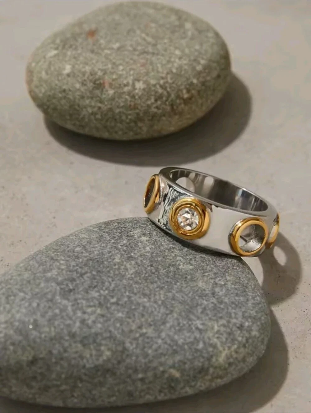 Silver Band Ring with Gold Bezel and Clear Crystal